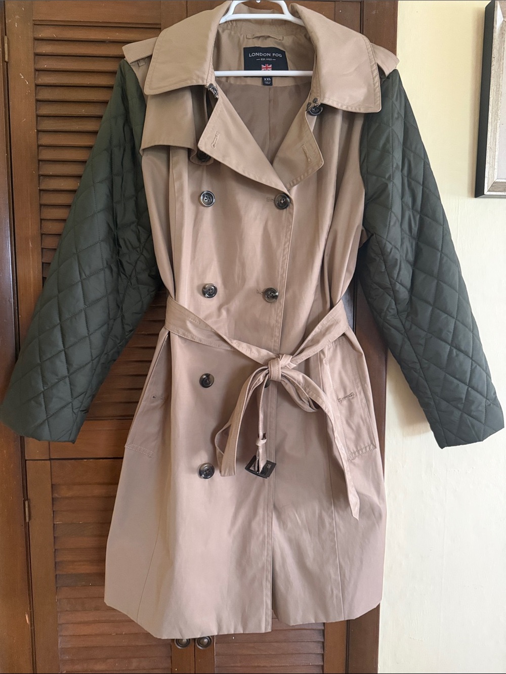 London Fog Quilted Olive Sleeve Trench Coat with Beige Body